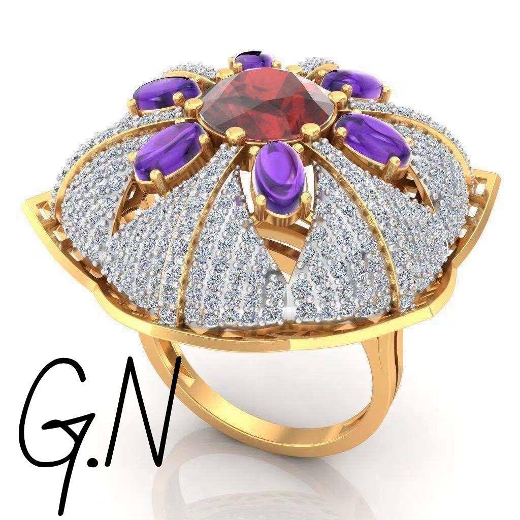 خاتم مطلي ذهب إيطالي. ماركه Gn. باحجار ميكرو زيركون. واحجار  كريستال ملون سوارسكي